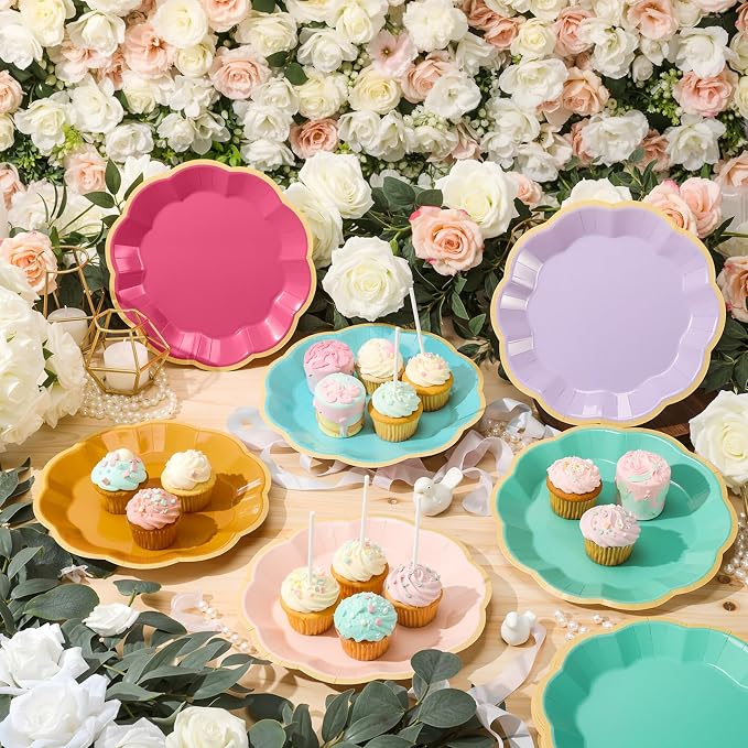 72 Pcs Candy Color Paper Plates 9 Inch Rainbow Colorful Scalloped Paper Disposable Dinner Dessert Plates for Birthday Wedding Bridal Party Supplies, 6 Colors