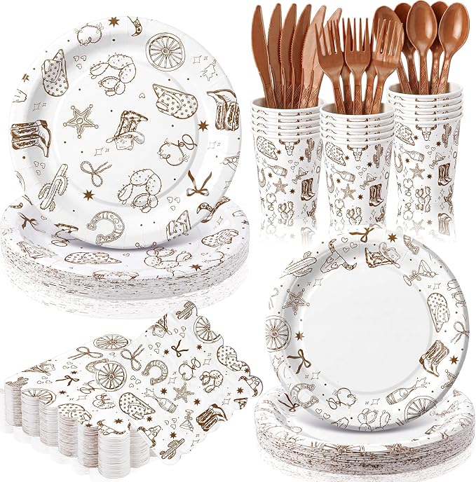 Honeydak 210 Pcs Western Cowboy Party Supplies for 30 Guests Single Western Cowgirl Birthday Plates Napkins Cup and Forks Tableware for First Rodeo Birthday Decorations
