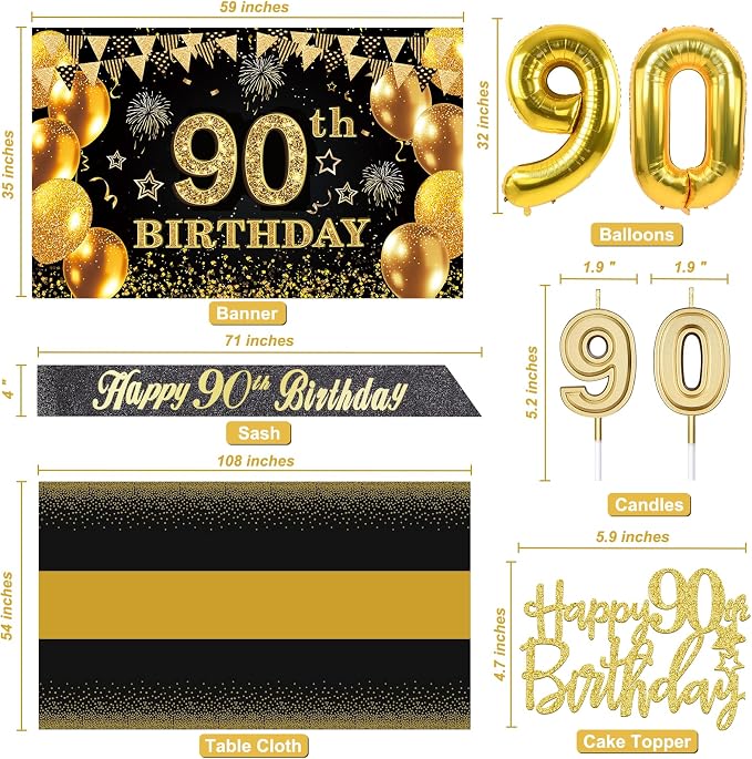90th Birthday Decorations Men Women with 90th Birthday Banner, Black and Gold Table Cloth, Number Balloons, Large Sash, Cake Topper and Candles