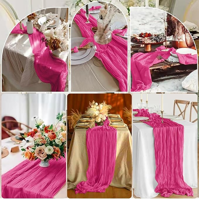 10 Pcs Hot Pink Cheesecloth Table Runner 10FT, Gauze Table Runner for Wedding Reception Sheer Bridal Shower Birthday Party Boho Table Decoration, Rustic Romantic Wedding Runner