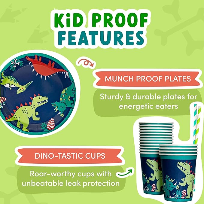 ecoZen Dinosaur Birthday Party Decorations - Jurassic Park Themed Supplies for 16 Guests, Includes Dino Plates, Cups, Napkins, Banner, Cutlery, Balloons, Tablecloth, Straws, Toppers