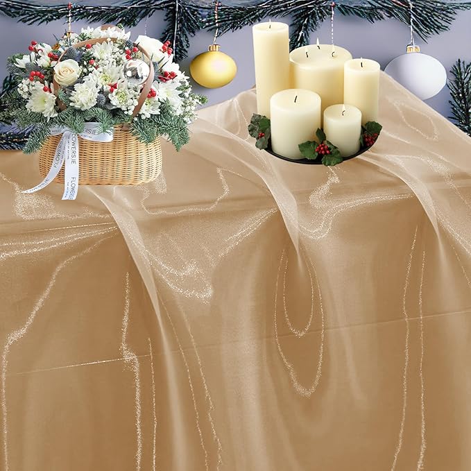 MDS Pack of 15 Yard Sheer Organza Fabric for Wedding Party Home Event Banquet Decorations, Backdrop Curtain Craft Dress Sewing Fashion DIY Crystal Organza Tulle Fabric Bolt 44” Wide - Champagne Gold