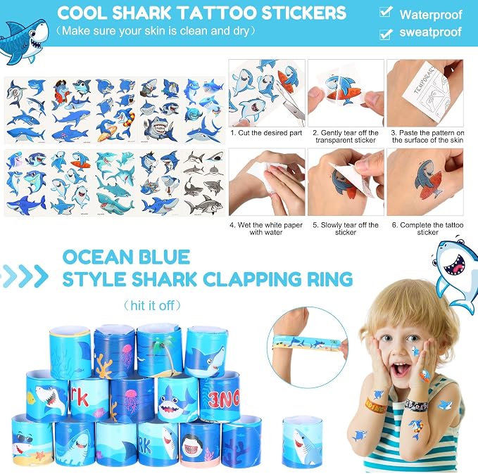 Qilery 195 Pcs 16 Guests Shark Birthday Party Favors for Kids Includes Plastic Cup with Lid Straw Keychain Bracelet Ring Stamper Stickers Tag for Party Favors Piñata Filling