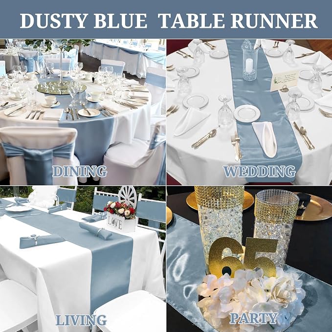 15 Pack Dusty Blue Satin Table Runners 12 x 108 Inch Long Table Runners for Rectangle Round Tables, Smooth Satin Table Runner for Wedding,Birthday Party Banquets Graduation Engagements Decoration