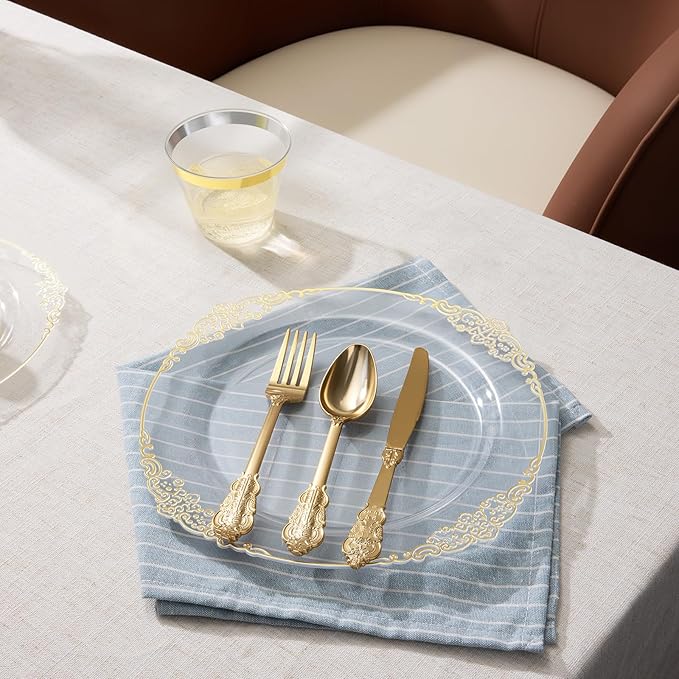 Goodluck 250 PCS Vintage Clear & Gold Rim Plastic Plates with Cutlery Set - Serves 50 - Heavy Duty Elegant Disposable Dinnerware for Wedding, Bridal Shower, Anniversary