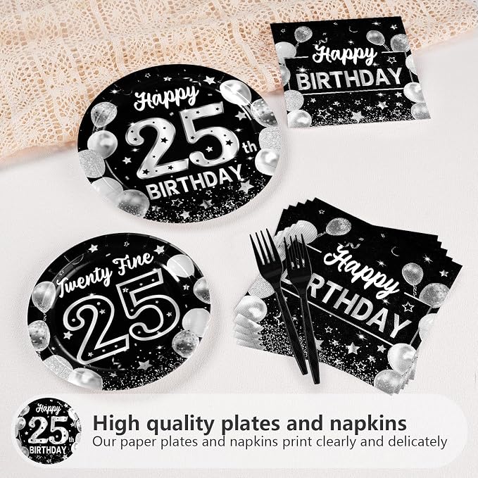 Grencian 96Pcs 25th Birthday Decorations Black Silver 25th Birthday Party Plates Disposable Paper Tableware Set for Women Men Happy 25 Year Old Graduation Decorations 2026 Supplies Serves 24