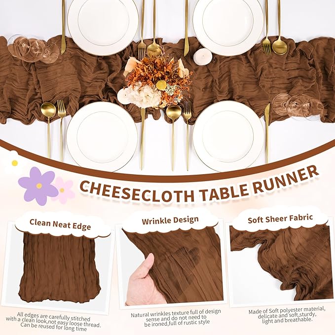 6 Pack Cheesecloth Table Runner,Brown Table Runner Long Romantic Semi Sheer Rustic Boho Gauze Table Runners for Wedding Bridal Shower Birthday Party Decorations(17.7×108 Inch)