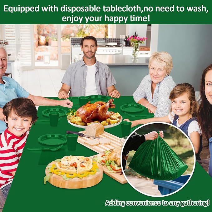 Green Plastic Plates for Party,100 Guest - 7&9inch Plates,Napkins,Forks,12 oz Cups & Tablecloths,Disposable Party Supplies for Birthday,Picnic,Christmas,Summer Activities