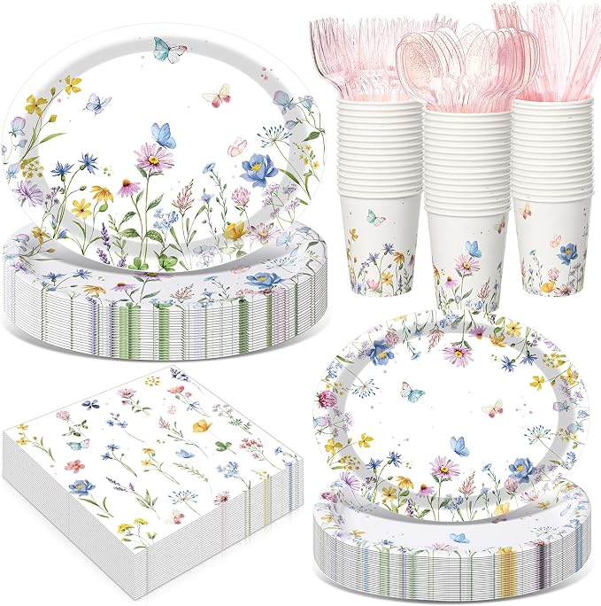 Pajean 350 Pcs Wildflower Oval Paper Plates Set with 12 inch Disposable Spring Birthday Oval Plates and Napkins Flower Heavy Duty Dinnerware Set for 50 Guests Picnic Wedding Tea Party Supplies