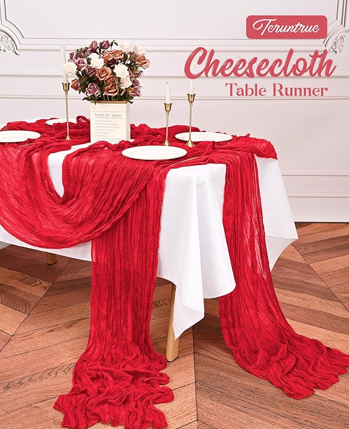 20 Pack Red Table Runner 10FT Long Cheesecloth Table Runner Cheese Cloth Gauze for Wedding Party Birthday Decoration-Red