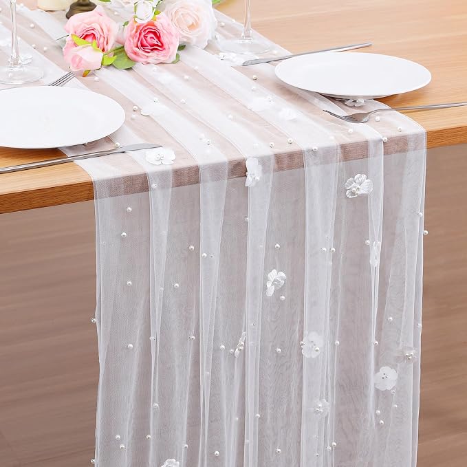 BINBE 4pcs Flower Pearl Table Runner Spring Summer Rustic Boho 10ft Tulle Table Runner for Baby Shower Wedding Veil Holiday Dessert Table Decor White