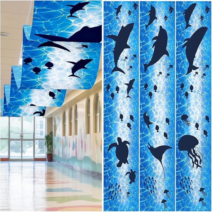 Feifeiya 3 Pcs Under The Ocean Classroom Ceiling Decor 24 Inch x 12 ft Summer Whale Birthday Party Decor VBS 2026 Under The Sea Ceiling Cover Shark Banner for Preschool Kindergarden School Daycare
