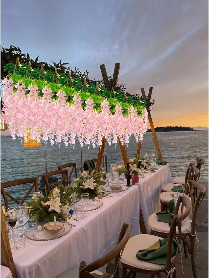 12 Pack Pink Wisteria Hanging Flowers Garland with Lights, 3.44 Feet Artificial Flower Vines, Fake Wisteria, Artificial Vines Hanging Garland for Backdrop Outdoor Patio Garden Decor