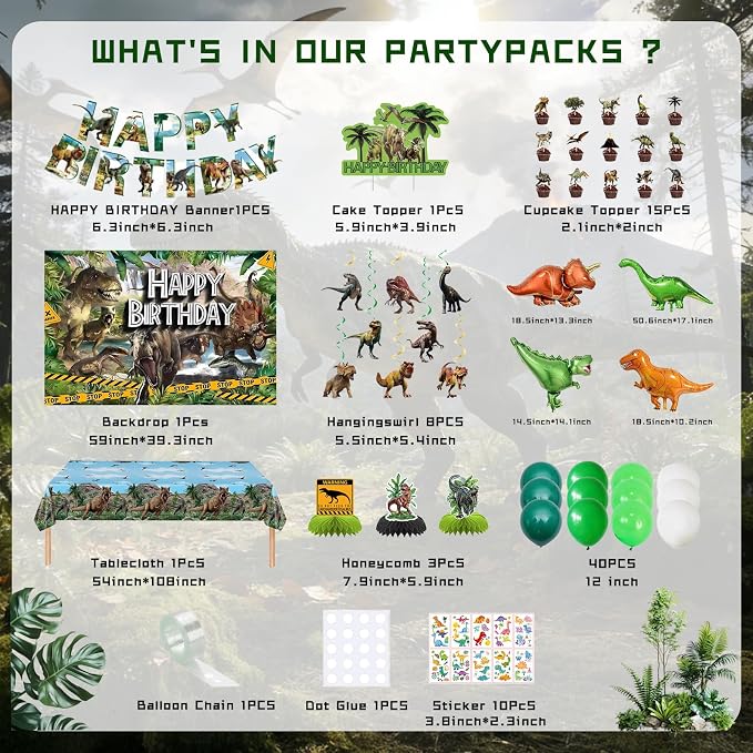 Dinosaur Birthday Party Decorations, 86 PCS Dino Party Supplies | Banner, Backdrop, Tablecloth, Cake Toppers, Balloons, Honeycombs, Hanging Swirls, Stickers for Party Decor