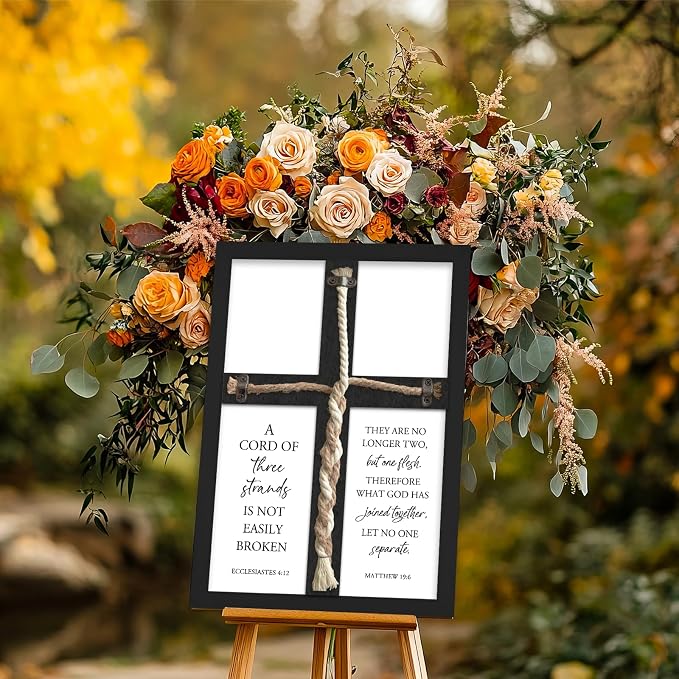 A Cord of Three Strands Wedding Unity Cross Sign Braided Rope Ceremony Art | 15x10 Inch Rustic Farmhouse Black Wood Framed, Christian Marriage Prayer Wall Decor for Couples, Anniversaries & Prayer Rooms