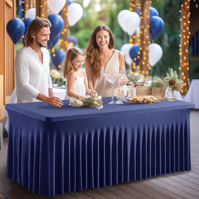 2 Packs Navy Blue Spandex Table Clothes for 4 Foot Rectangle Tables - Stretch Covers 4FT Skirts for Event, Wedding, Banquet & Parties - Wrinkle Free Fitted