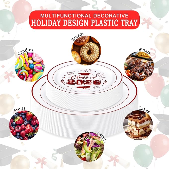 150 Pcs 2026 Graduation Plastic Plates with Disposable Silverware Serves 30 Guests, White Red Graduation Disposable Plates Including 30 Dinner&Dessert Plates, Cups, Napkins, Gold Forks for Party