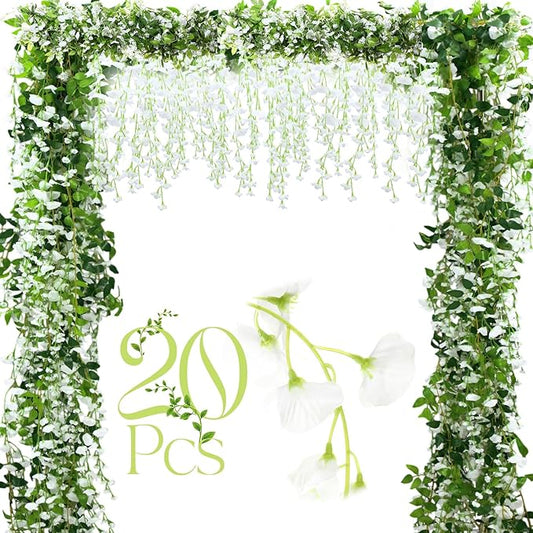 Crowye 20 Pcs 7.2ft/pcs Artificial Flowers Wisteria Garland Artificial Wisteria Vine Hanging Flower Decorations Flower Vines for Outdoor Wedding Wall Arch Party Backdrop Floral Decor (White)