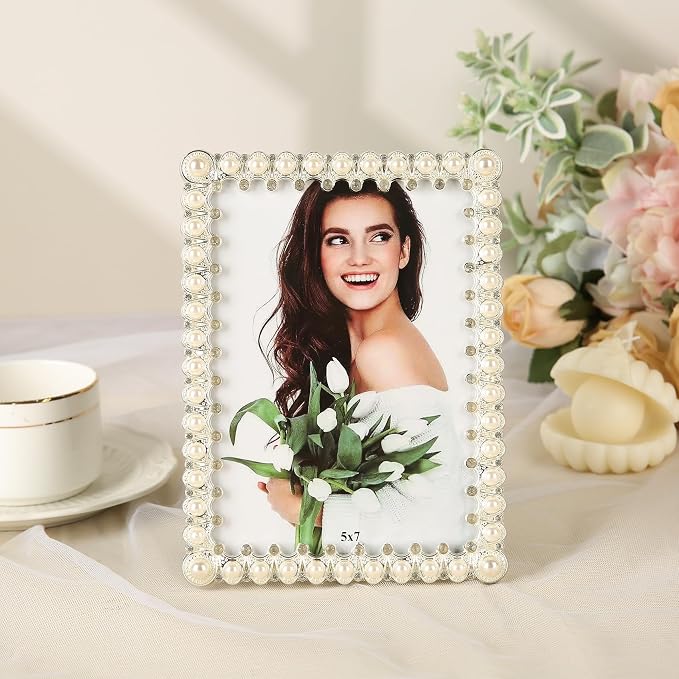 5x7 Picture Frame White Pearl Vintage Wedding Photo Frame with Glass Front | Elegant Art Decor Tabletop or Wall Display for Engagements, Anniversary, Graduation, Birthday Gifts for Women
