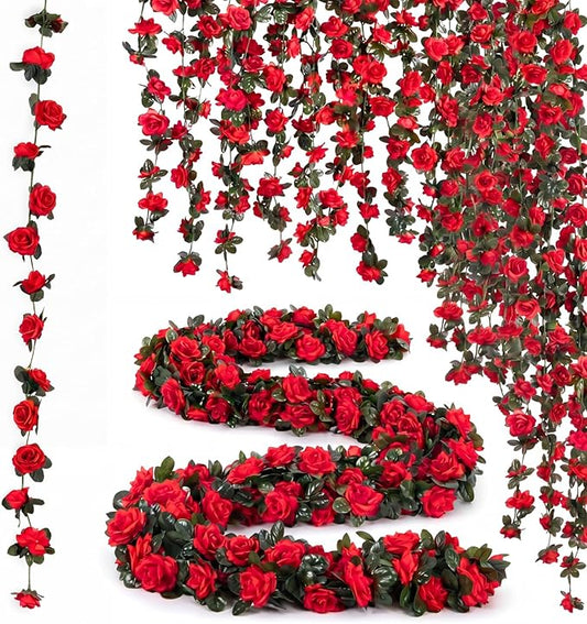 Suncalla 5 Pcs 41ft Flower Garland Artificial Vine with Green Leaves Hanging Fake Flower Vines Ivy Garlands Wall Garden Decor for Room Wedding Birthday Arch Decor (Red)