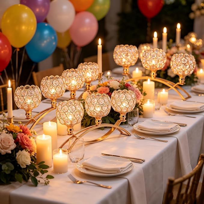 4Set Gold Crystal Candle Holders Decorative Candelabra for Wedding Centerpiece,Metal 3 Arms Candlesticks Holder Stand for Dining Table Living Room Home Decor, Party, Anniversary,Halloween,Christmas
