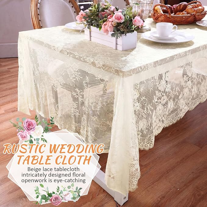 Honeydak 2 Pcs Lace Tablecloth Rectangular 60 x 120 Inch Wedding Rustic Tablecloth Overlay Rose Vintage Embroidered Wedding Reception Party Table Cover Decorations for Bridal Tea Party (Beige)
