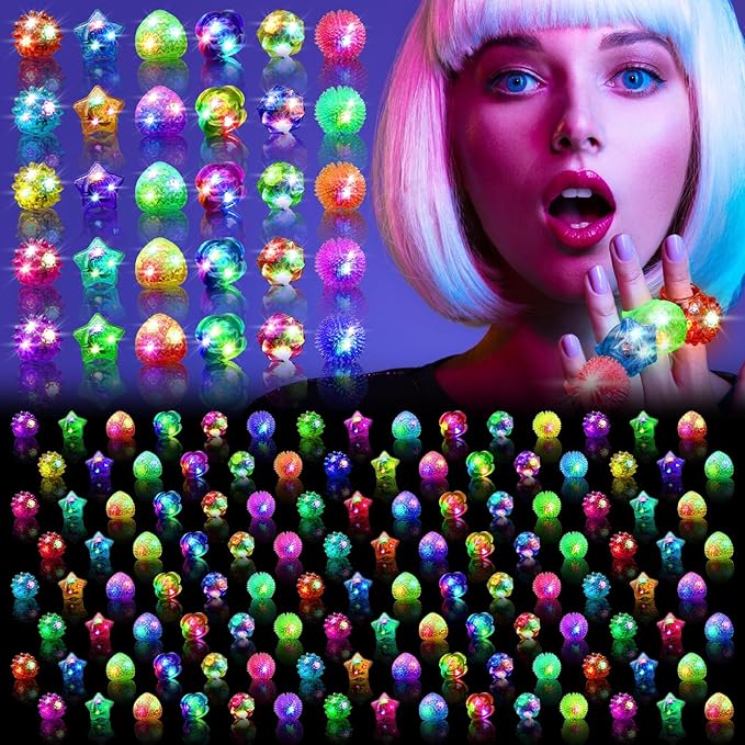 Party Favors 150 Pcs Light Up Rings, Glow In The Dark Party Supplies, 6 Style Flashing Glow In The Dark Rings for Adults & Kids, LED Ring for Birthday Party Favors, Concert, Raves, Halloween,Christmas