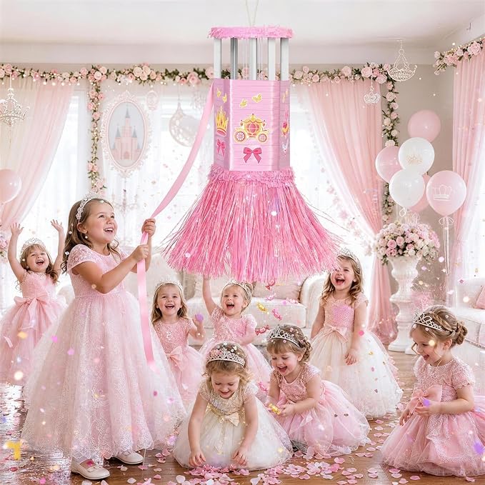 WERNNSAI Princess Spinning Piñata - Spinning Piñata with Pull String, DIY Stickers, Girl Piñata for Princess Birthday Party Decorations Summer Party Carnivals Games Supplies (13" x 7.9" x 7.9")