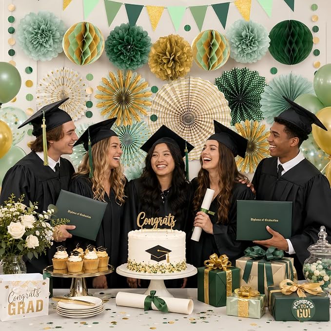 Sage Green Gold Party Decorations, Paper Fans Honeycomb Balls Circle Garlands for Graduation, Boho Gender Neutral Baby Shower, Olive Woodland Birthday, Bridal Shower Party Supplies, 20Pcs