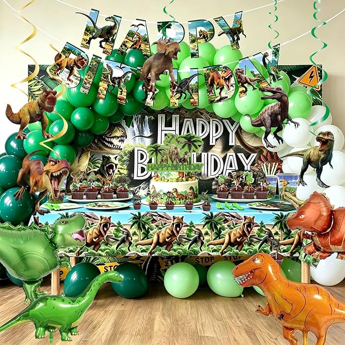 Dinosaur Birthday Party Decorations, 173 PCS Dino Party Supplies | Tableware Serves 10, Banner, Backdrop, Tablecloth, Cake Toppers, Balloons, Hanging Swirls, Stickers for Party Decor