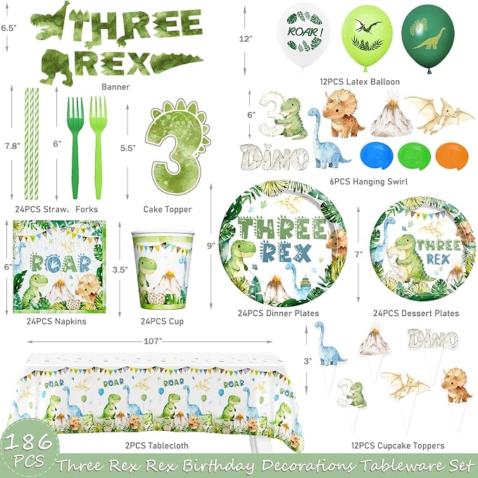 Hombae Three Rex Birthday Decorations Boy, Dinosaur 3rd Birthday Party Supplies with 3 Rex Tableware, Plates, Napkins, Hanging Swirls for Boys 3 Year Old Dino Theme Party, Serves 24