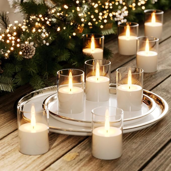 VIODAIM 12Pack Flickering Flameless LED Candles with Remote & Timer, Battery Powered - Small Pillar & Votive, Clear (2"X3")