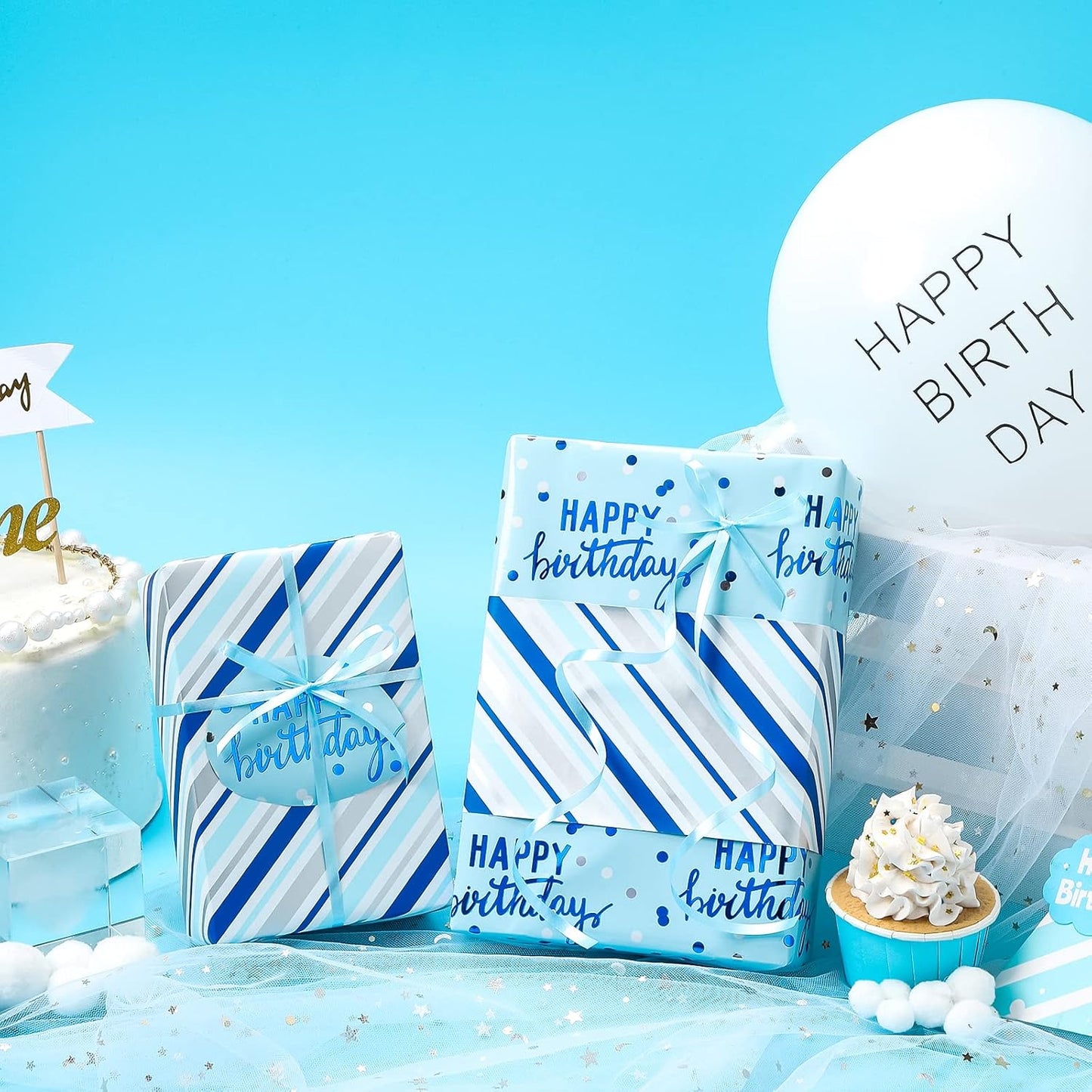 LeZakaa Reversible Blue Birthday Wrapping Paper Roll for Boys Men, Happy Birthday Lettering & Stripe Pattern with Metallic Foil in Blue, 30in x 32.8Ft