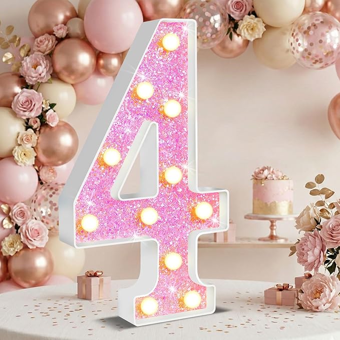 12.6 Inch LED Pink Marquee Light Up Numbers, Sweet 4th Birthday Decorations Number Lights as Gifts for Girls Women, Glitter Lighted Marquee Numbers for Pink Anniversary Party Table Decor, 4