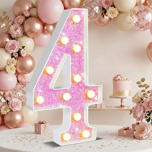 12.6 Inch LED Pink Marquee Light Up Numbers, Sweet 4th Birthday Decorations Number Lights as Gifts for Girls Women, Glitter Lighted Marquee Numbers for Pink Anniversary Party Table Decor, 4