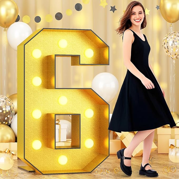 Number 6 Marquee, 4FT Light Up Numbers Gold Large Light Up Numbers Mosaic Number for 6th Birthday, Giant 4 Feet Tall DIY Frame Pre-Cut Foam Board Kit for Graduation Anniversary Party