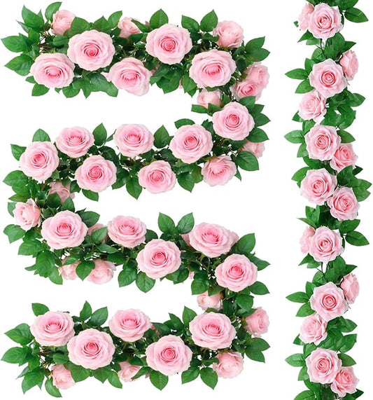 Suncalla 10 Pack 82ft Rose Garland Artificial Rose Flowers Vine with Green Leaves Hanging Fake Floral Garland Vine for Wedding Birthday Wall Garden Table Centerpiece Room Arch Decor(Pink Color)