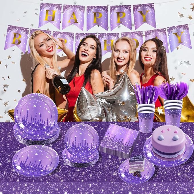 182PCS Purple and Silver Birthday Party Decorations,Purple Theme Party Plates and Napkins Disposable Tableware Set for Girls Ladies Women Wedding Favors,Serves 30 Guests
