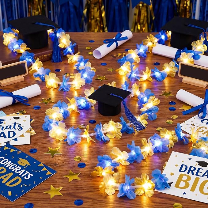 Sherr 48 Pcs Graduation LED Hawaiian Leis Class of 2026 Light Up Flower Leis Necklace with LED Lights Gold Blue Luau Flowers Necklaces for Graduation Party Decoration Supplies