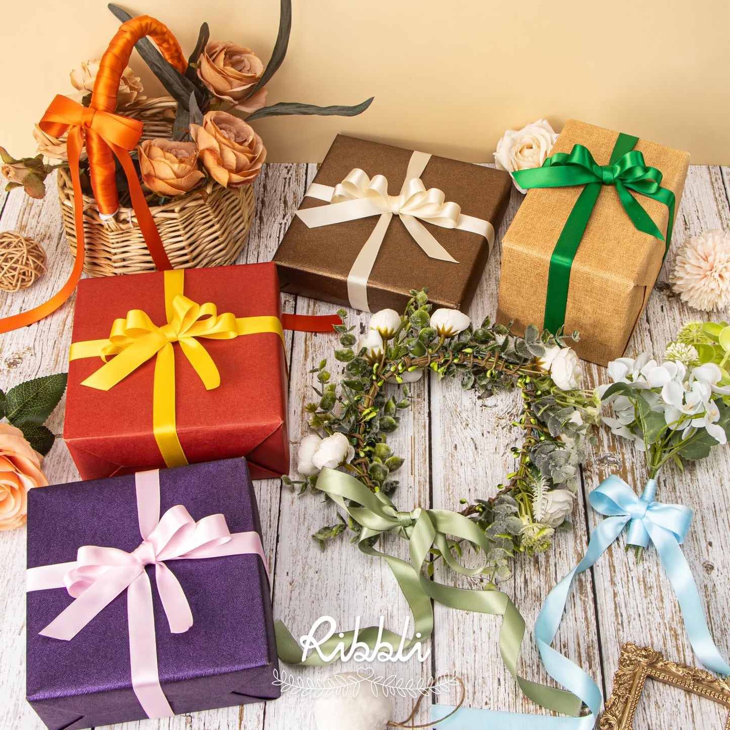 Ribbli Dusty Sage Satin Ribbon Double Faced Satin 5/8 Inch x Continuous 25 Yards-Sage Green Ribbon for Gift Wrapping Crafts Wedding Decoration Bows Bouquet Floral Arrangement