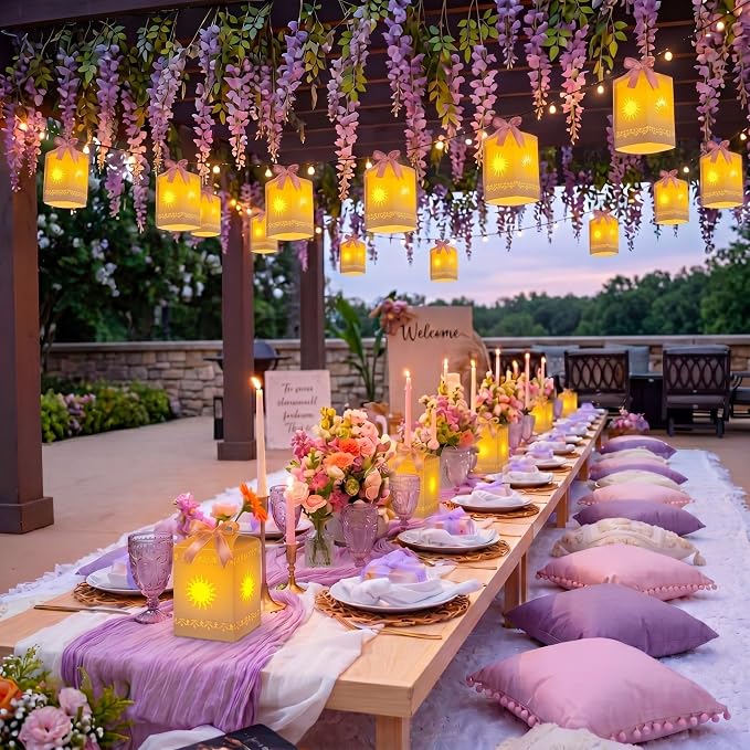 Beeveer 20 Pack Princess Sun Hanging Lanterns DIY Set Purple Princess Hanging Paper Lanterns Purple Sun Cutout Square Round Decorations for Birthday Party, Light String Not Included(Classic Color)