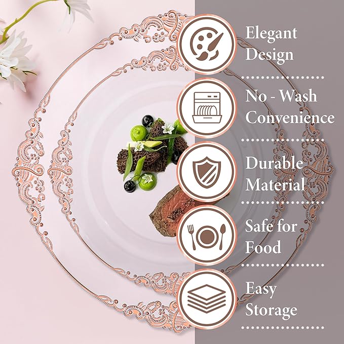 Nervure 175PCS Rose Gold Plastic Plates - Disposable Rose Gold Party Plates & Pre Rolled Napkins with Cutlery for 25 Guests, 50Plates, 75Silverware, 25Cups, 25Napkin for Wedding & Party & Mothers Day