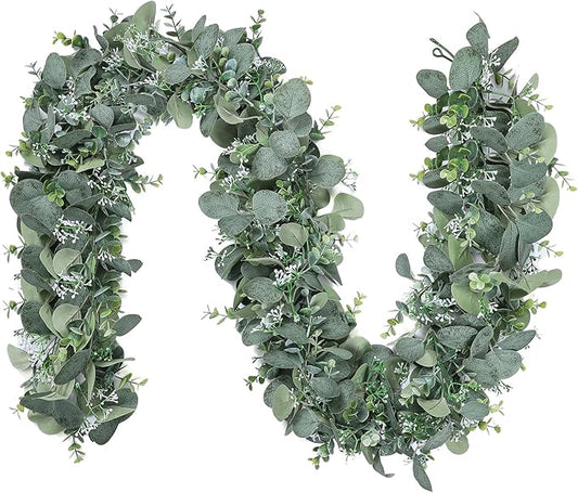 SOMYTING Artificial Eucalyptus Garland, 2Pack Lush Silver Dollar Eucalyptus Leaves Vine Faux Greenery Garland Spring Garland for Mantel Baby Shower Wedding Party Table Room Home Decor