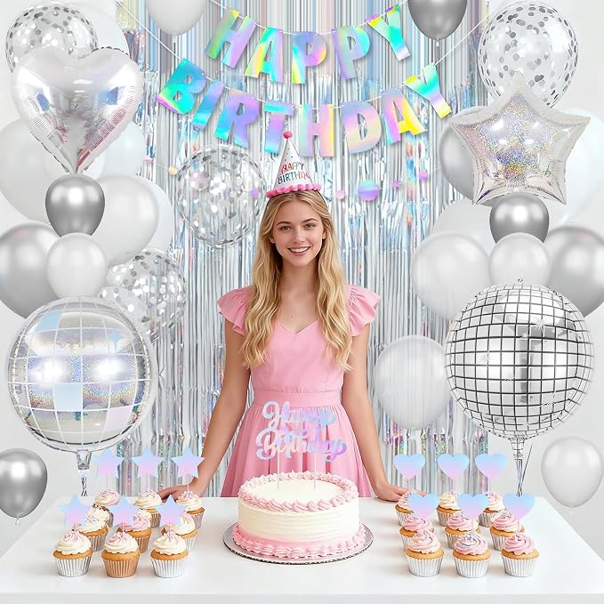 Disco Party Decorations, Iridescent Happy Birthday Star Hanging Banner Cake Topper, Disco Ball Heart Foil Balloons Silver White Confetti Balloon Fringe Curtain for Groovy Birthday Party Decoration