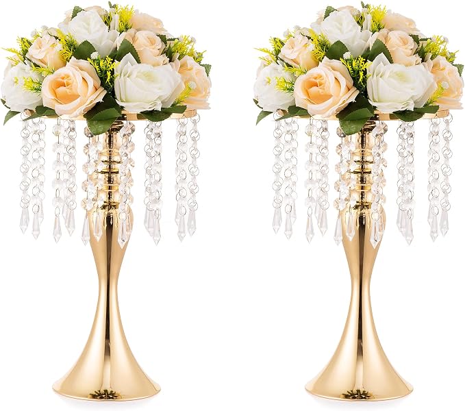 Gold Vase Stand Table: 13.8in Wedding Centerpieces, Set of 2 | High End Crystal Design Vase Stand for Wedding Party Reception Birthday Event Home, Tall Table Center Piece