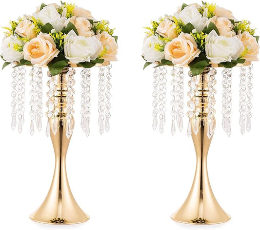 Gold Vase Stand Table: 13.8in Wedding Centerpieces, Set of 2 | High End Crystal Design Vase Stand for Wedding Party Reception Birthday Event Home, Tall Table Center Piece