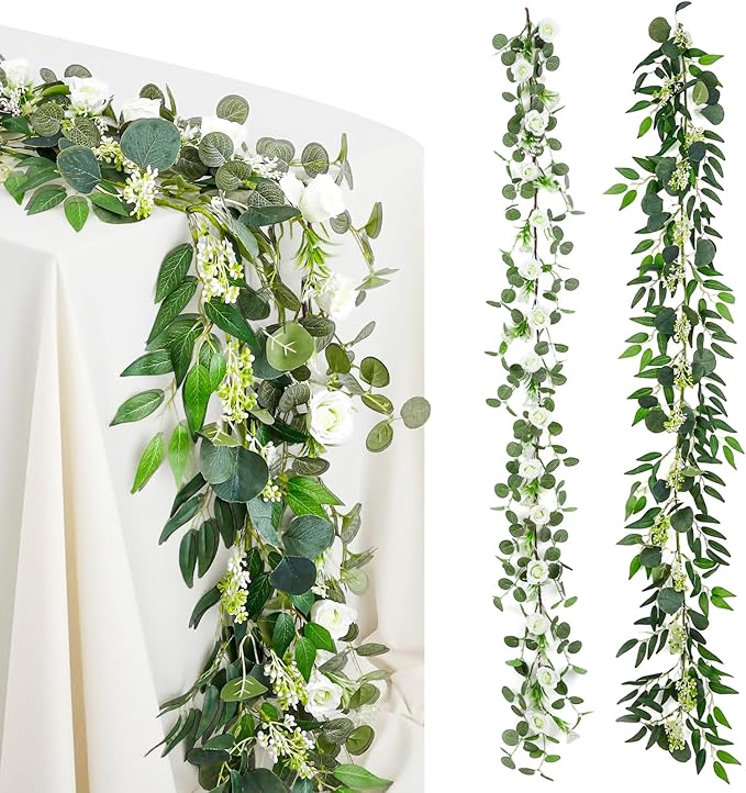 2 Pack Garland Set, 6 ft Artificial White Rose Eucalyptus Garland with Willow Leaf Vine, Summer Garland Faux Greenery Decor for Wedding Arch, Table and Home Decoration