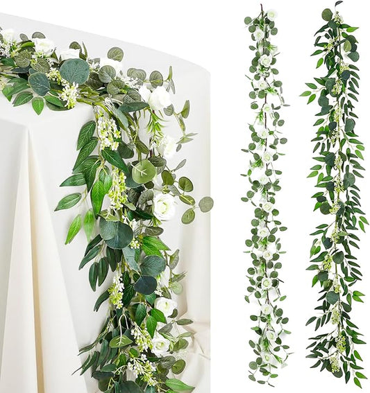 2 Pack Garland Set, 6 ft Artificial White Rose Eucalyptus Garland with Willow Leaf Vine, Summer Garland Faux Greenery Decor for Wedding Arch, Table and Home Decoration