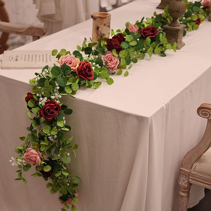 Anna's Whimsy 5.91FT Artificial Eucalyptus Garland with Flowers, Fake Rose Gypsophila, Faux Floral Garland Greenery for Wedding Spring Party Art Table Runner Decor (Pink, 1)