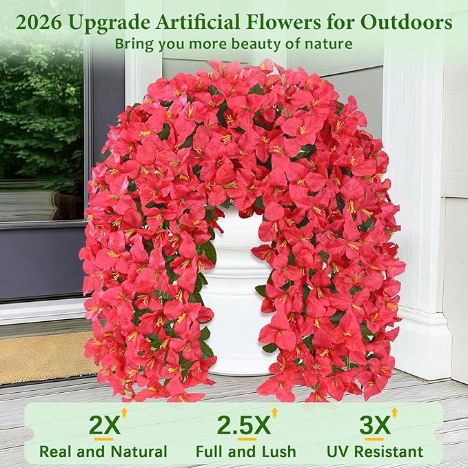 Livole 2Pcs Bougainvillea Artificial Flowers for Outdoors, Realistic UV Resistant Red Faux Outdoor Plants Flowers, Silk Hanging Fake Flowers for Outside Home Porch Patio Balcony Garden Decor